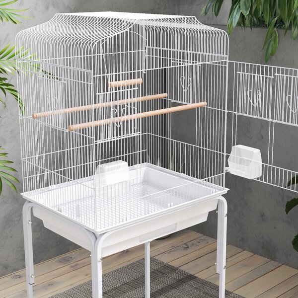 PawHut Gabbia per Uccelli con Ruote Ripiano Sportelli 2 Mangiatoie 2 Posatoi Altalena Vassoio Estraibile 46,5x36x124 cm Bianco | Aosom Italy