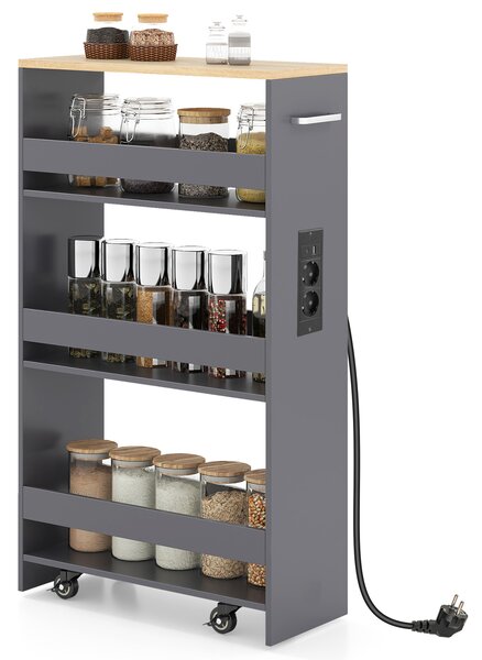 Costway Carrello da cucina 4 ripiani con stazione di ricarica maniglia e parapetti, Carrello stretto a sfilo con ruote bloccabili per cucina lavanderia Grigio e naturale 20cm
