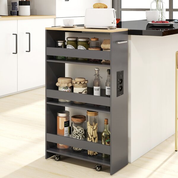 Costway Carrello da cucina 4 ripiani con stazione di ricarica maniglia e parapetti, Carrello stretto a sfilo con ruote bloccabili per cucina lavanderia Grigio e naturale 20cm