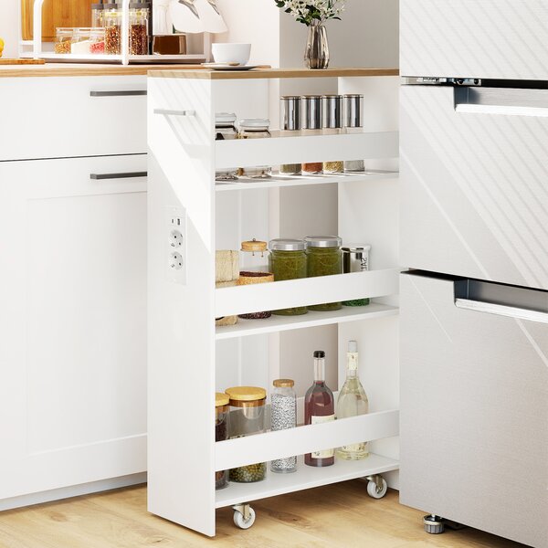 Costway Carrello da cucina 4 ripiani con stazione di ricarica maniglia e parapetti, Carrello stretto a sfilo con ruote bloccabili per cucina lavanderia Bianco e naturale 20cm