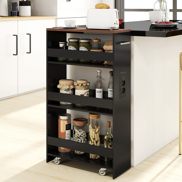 Costway Carrello da cucina 4 ripiani con stazione di ricarica maniglia e parapetti, Carrello stretto a sfilo con ruote bloccabili per cucina lavanderia Nero e noce 20cm