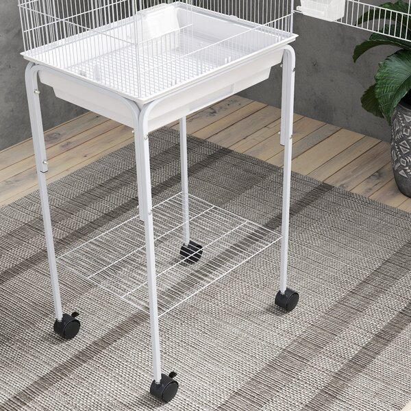 PawHut Gabbia per Uccelli con Ruote Ripiano Sportelli 2 Mangiatoie 2 Posatoi Altalena Vassoio Estraibile 46,5x36x124 cm Bianco | Aosom Italy