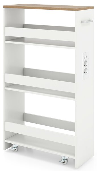 Costway Carrello da cucina 4 ripiani con stazione di ricarica maniglia e parapetti, Carrello stretto a sfilo con ruote bloccabili per cucina lavanderia Bianco e naturale 20cm