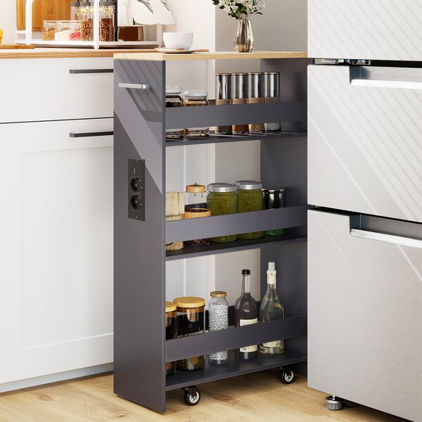 Costway Carrello da cucina 4 ripiani con stazione di ricarica maniglia e parapetti, Carrello stretto a sfilo con ruote bloccabili per cucina lavanderia Grigio e naturale 20cm