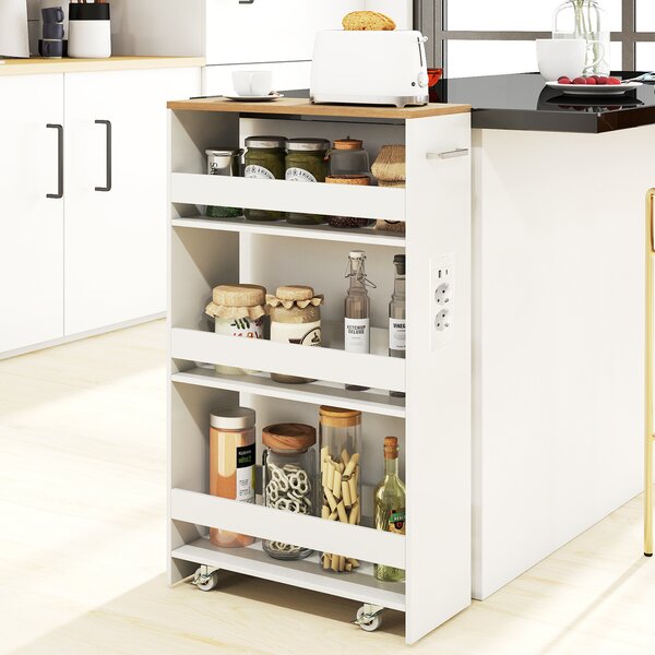 Costway Carrello da cucina 4 ripiani con stazione di ricarica maniglia e parapetti, Carrello stretto a sfilo con ruote bloccabili per cucina lavanderia Bianco e naturale 20cm