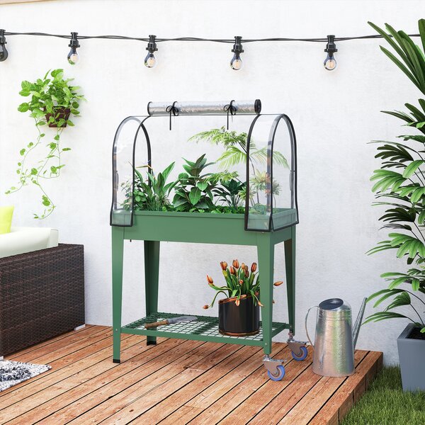 Outsunny Orto Urbano Rialzato con Ruote Copertura a Serra e Ripiano Inferiore per Coltivazione Piante 80x40x120 cm Verde | Aosom Italy