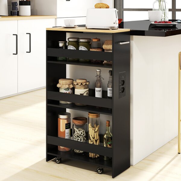 Costway Carrello da cucina 4 ripiani con stazione di ricarica maniglia e parapetti, Carrello stretto a sfilo con ruote bloccabili per cucina lavanderia Nero e naturale 20cm