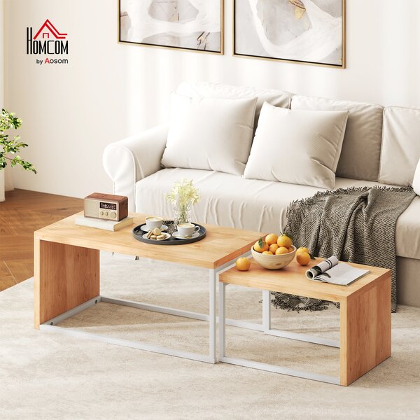 HOMCOM Set di 2 Tavolini da Salotto Tavolini Impilabili Struttura in Metallo per Soggiorno 90x48x42 cm e 59x42x36 cm Naturale e Bianco | Aosom Italy