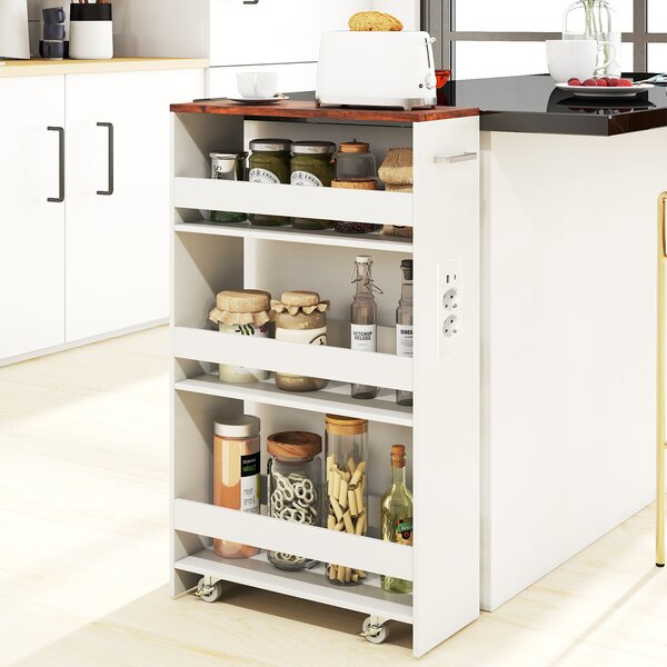 Costway Carrello da cucina 4 ripiani con stazione di ricarica maniglia e parapetti, Carrello stretto a sfilo con ruote bloccabili per cucina lavanderia Bianco e marrone 20cm