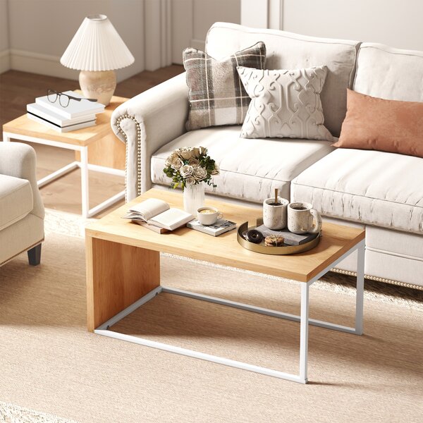 HOMCOM Set di 2 Tavolini da Salotto Tavolini Impilabili Struttura in Metallo per Soggiorno 90x48x42 cm e 59x42x36 cm Naturale e Bianco | Aosom Italy
