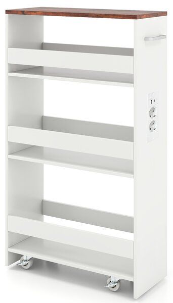 Costway Carrello da cucina 4 ripiani con stazione di ricarica maniglia e parapetti, Carrello stretto a sfilo con ruote bloccabili per cucina lavanderia Bianco e marrone 20cm
