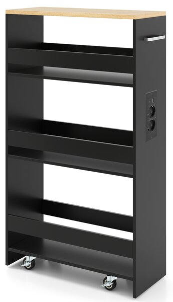 Costway Carrello da cucina 4 ripiani con stazione di ricarica maniglia e parapetti, Carrello stretto a sfilo con ruote bloccabili per cucina lavanderia Nero e naturale 20cm