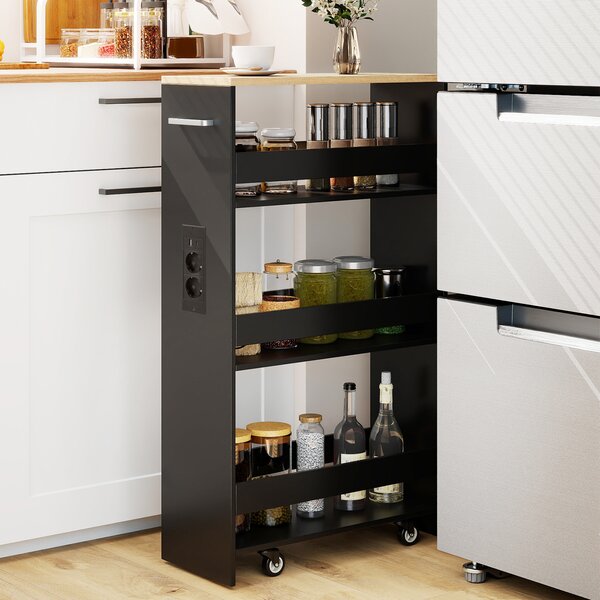 Costway Carrello da cucina 4 ripiani con stazione di ricarica maniglia e parapetti, Carrello stretto a sfilo con ruote bloccabili per cucina lavanderia Nero e naturale 20cm