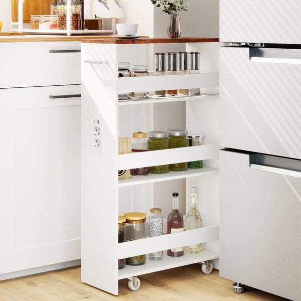Costway Carrello da cucina 4 ripiani con stazione di ricarica maniglia e parapetti, Carrello stretto a sfilo con ruote bloccabili per cucina lavanderia Bianco e marrone 20cm