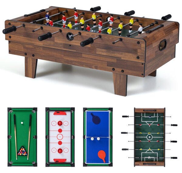 Costway Set di tavoli da gioco 4 in 1 calcio balilla biliardo ping pong, Tavolo multi-gioco hockey accessori per casa sala giochi Marrone