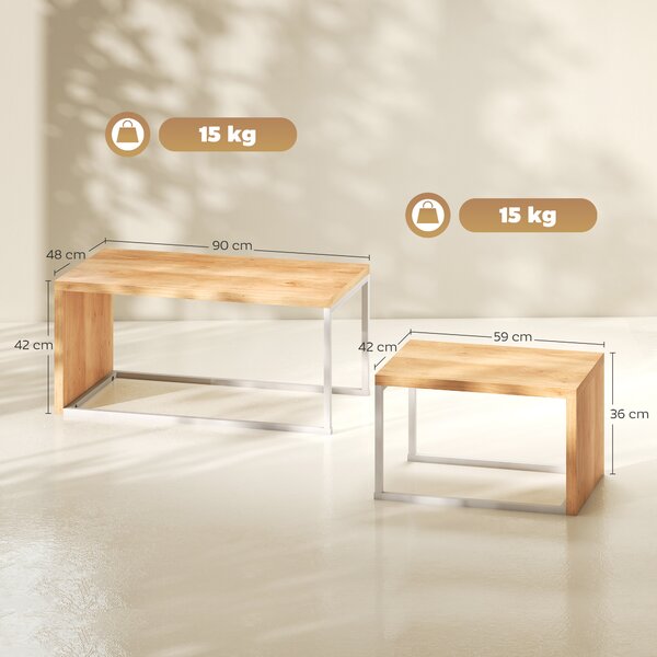 HOMCOM Set di 2 Tavolini da Salotto Tavolini Impilabili Struttura in Metallo per Soggiorno 90x48x42 cm e 59x42x36 cm Naturale e Bianco | Aosom Italy