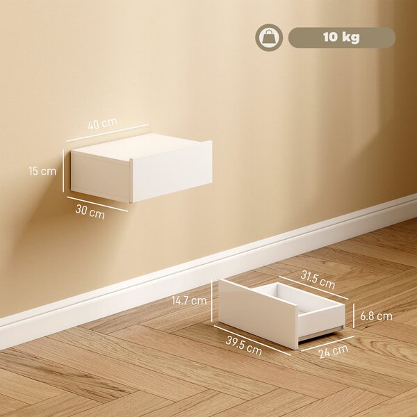 HOMCOM Set di 2 Comodini Sospesi con 1 Cassetto Montati a Parete Stile Moderno per Camera da Letto 40x30x15 cm Bianco | Aosom Italy