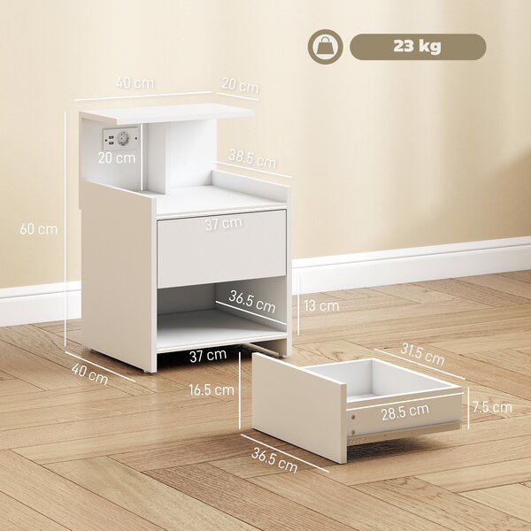 HOMCOM Comodino con Stazione di Ricarica Porte USB Cassetto e Ripiani Comodino da Camera 40x40x60 cm Bianco | Aosom Italy