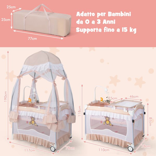 Costway Culla neonati 4 in 1 convertibile fasciatoio zanzariera rimovibile, Lettino viaggio pieghevole ruote carillon borsa Rosa