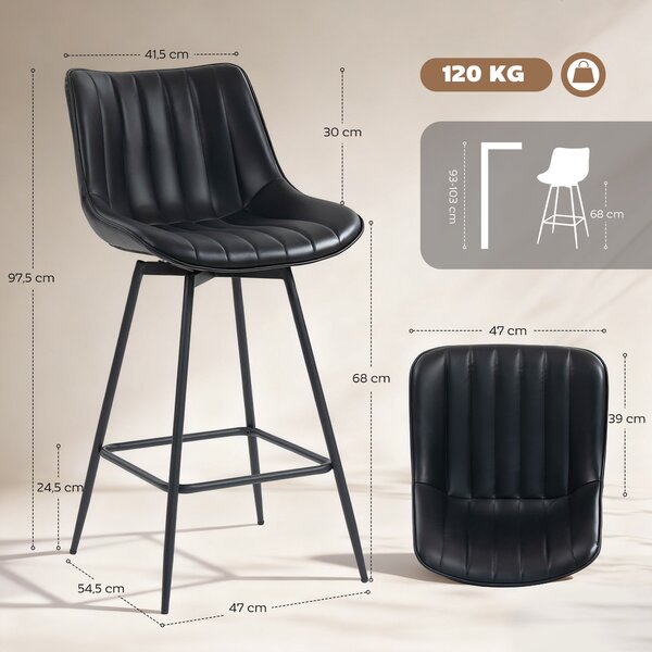 HOMCOM Set da 2 Sgabelli da Bar, Sedie da Bar Girevoli 360° Rivestite in Pelle Sintetica con Schienale e Poggiapiedi Nero | Aosom Italy