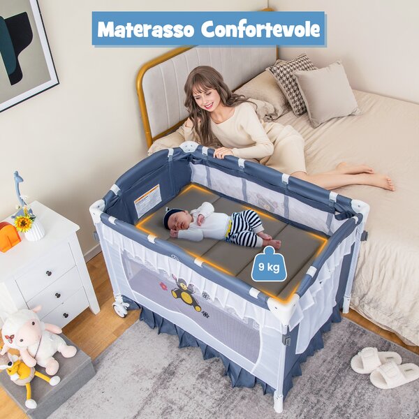 Costway Culla neonati 4 in 1 convertibile fasciatoio zanzariera rimovibile, Lettino viaggio pieghevole ruote carillon borsa Grigio
