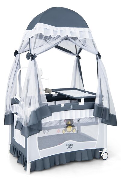 Costway Culla neonati 4 in 1 convertibile fasciatoio zanzariera rimovibile, Lettino viaggio pieghevole ruote carillon borsa Grigio