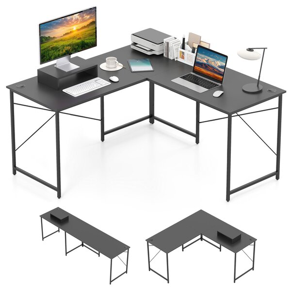 Costway Scrivania computer L 240 cm angolare convertibile supporto monitor, Tavolo ufficio 2 persone metallo robusto lavoro gioco Grigio