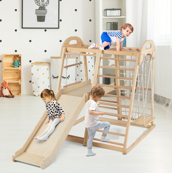 Costway Set da arrampicata in legno con scivolo barra delle scimmie scala a corda, Palestra per bambini 8 in 1 con piattaforma Naturale