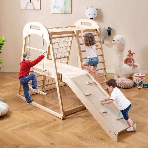 Costway Set da arrampicata in legno con scivolo barra delle scimmie scala a corda, Palestra per bambini 8 in 1 con piattaforma Naturale