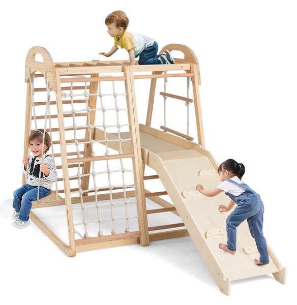 Costway Set da arrampicata in legno con scivolo barra delle scimmie scala a corda, Palestra per bambini 8 in 1 con piattaforma Naturale