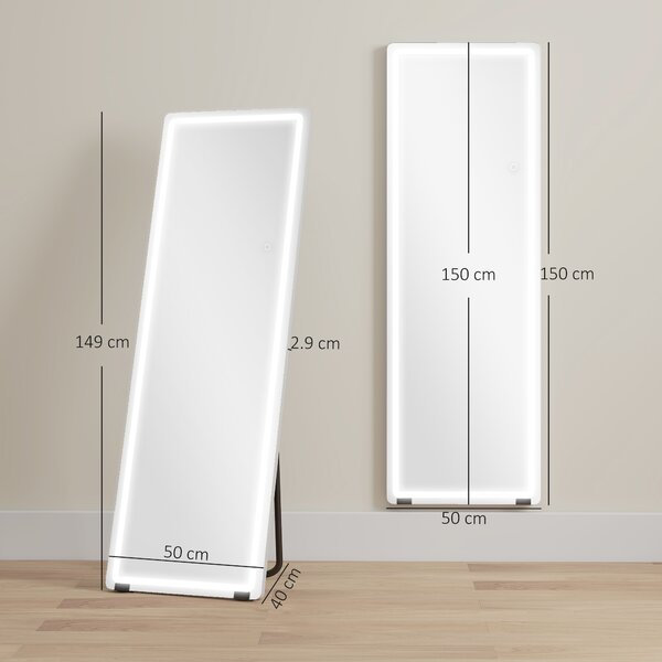 HOMCOM Specchio da Terra a Figura Intera con Luci 150x50 cm Senza Cornice 3 Temperature di Colore Luminosità Regolabile Trasparente | Aosom Italy