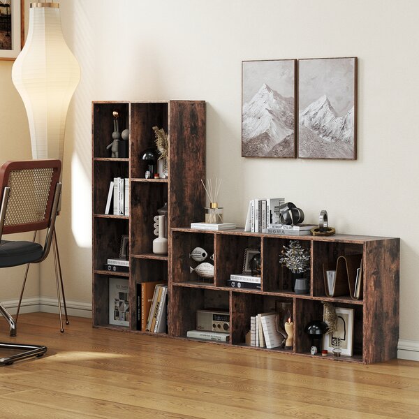 Costway Libreria a 7 cubi indipendente verticale orizzontale 7 scomparti 2 kit antiribaltamento, Organizer cubo espositivo casa ufficio soggiorno Marrone rustico