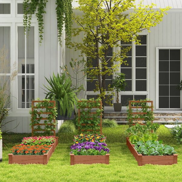 Costway Aiuola da giardino rialzata con fioriera e traliccio, Kit di fioriere in legno per fiori 235x63x102cm Caffè