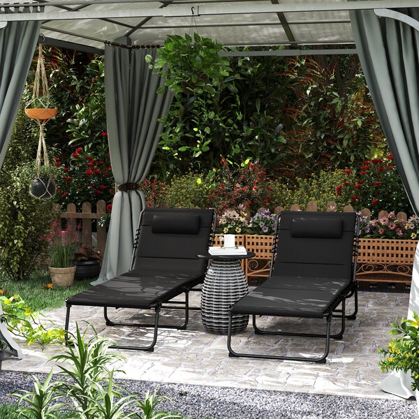 Outsunny Set da 2 sdraio pieghevoli da giardino con cuscino schienale regolabile 5 posizioni tasca laterale Nero | Aosom Italy