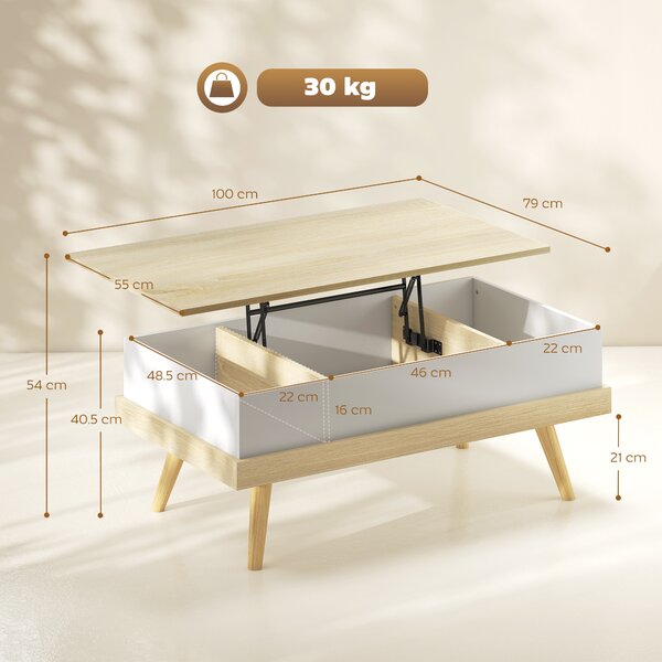 HOMCOM Tavolino da Caffè Sollevabile con 3 Scomparti di Stoccaggio Nascosti e Gambe in Legno 100x79x54 cm Naturale e Bianco | Aosom Italy