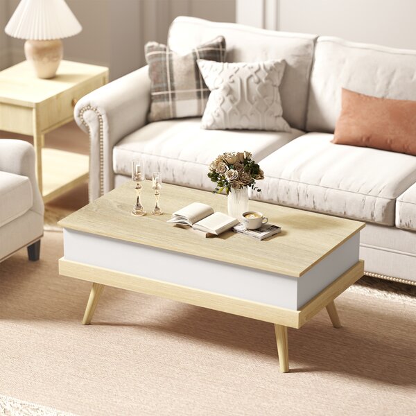 HOMCOM Tavolino da Caffè Sollevabile con 3 Scomparti di Stoccaggio Nascosti e Gambe in Legno 100x79x54 cm Naturale e Bianco | Aosom Italy