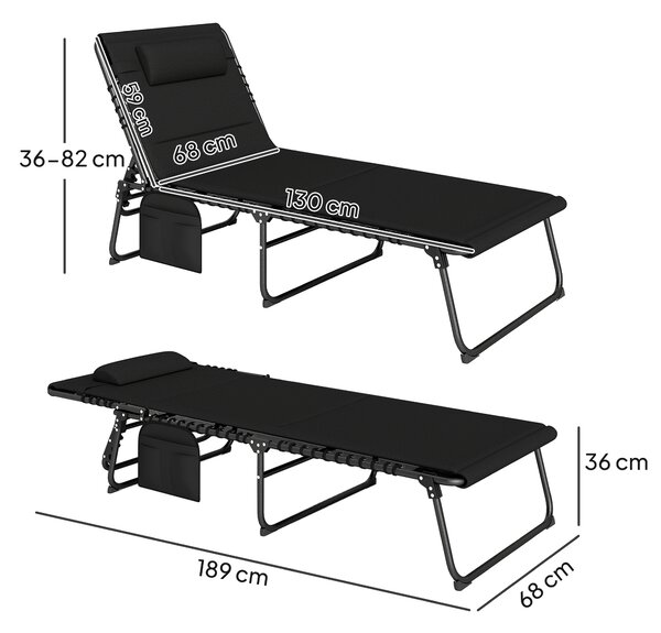 Outsunny Set da 2 sdraio pieghevoli da giardino con cuscino schienale regolabile 5 posizioni tasca laterale Nero | Aosom Italy
