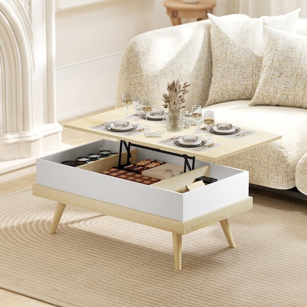 HOMCOM Tavolino da Caffè Sollevabile con 3 Scomparti di Stoccaggio Nascosti e Gambe in Legno 100x79x54 cm Naturale e Bianco | Aosom Italy
