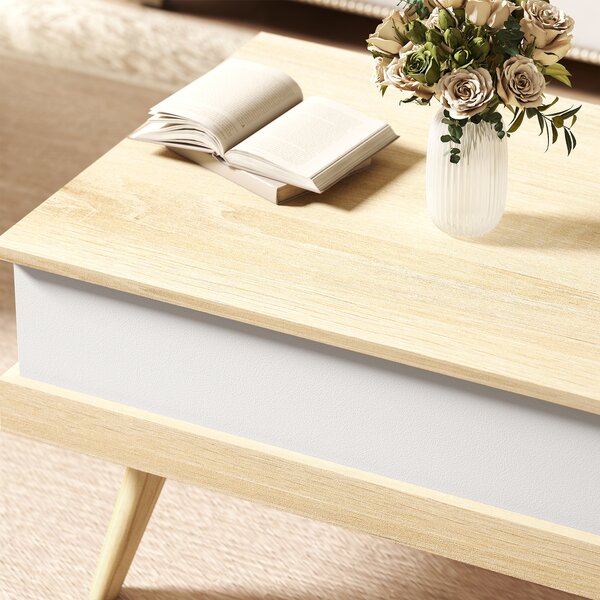 HOMCOM Tavolino da Caffè Sollevabile con 3 Scomparti di Stoccaggio Nascosti e Gambe in Legno 100x79x54 cm Naturale e Bianco | Aosom Italy