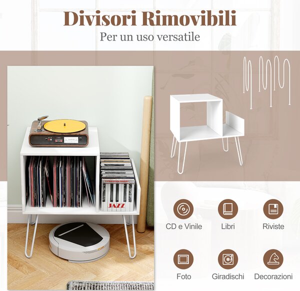 Costway Supporto per giradischi con presa di corrente, Portagiradischi con divisori per vinili e ripiano espositiva Bianco