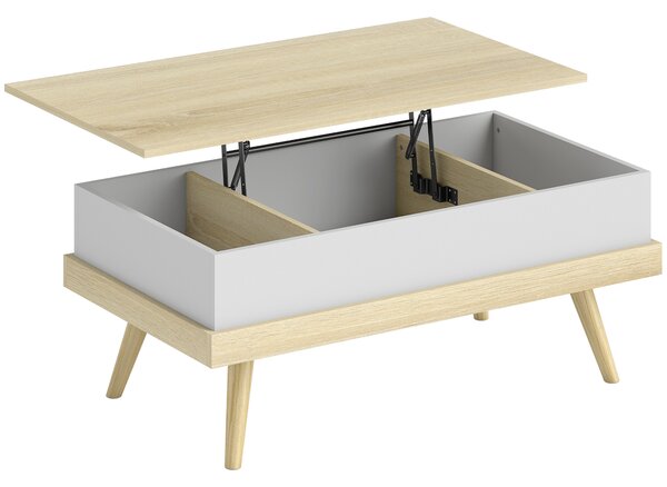 HOMCOM Tavolino da Caffè Sollevabile con 3 Scomparti di Stoccaggio Nascosti e Gambe in Legno 100x79x54 cm Naturale e Bianco | Aosom Italy
