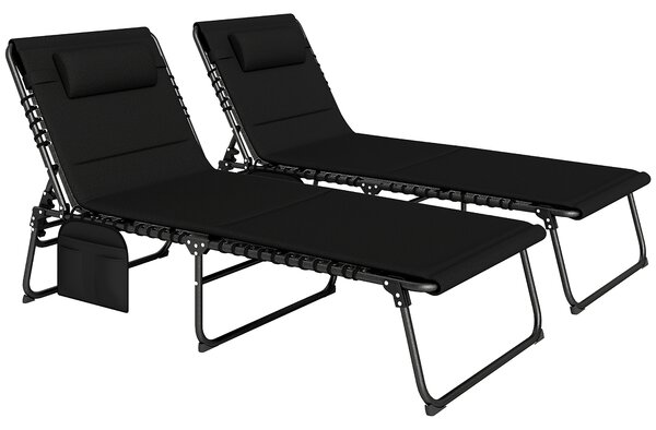 Outsunny Set da 2 sdraio pieghevoli da giardino con cuscino schienale regolabile 5 posizioni tasca laterale Nero | Aosom Italy