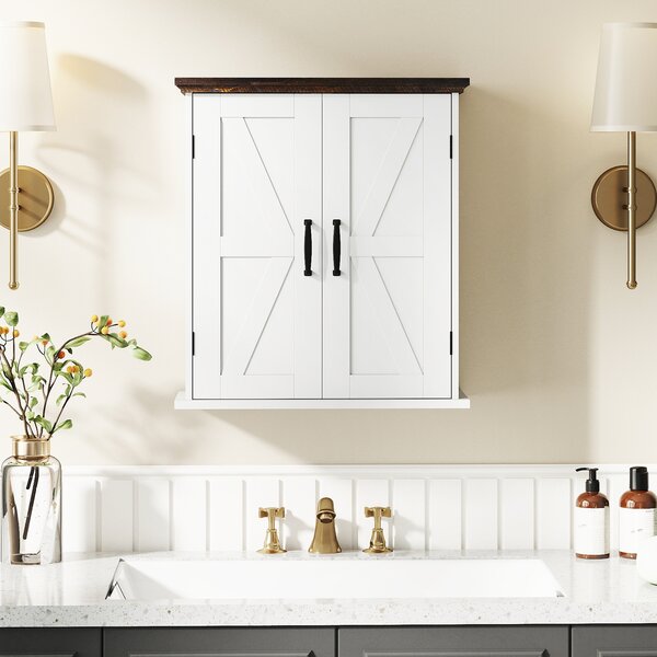 Costway Armadietto parete bagno farmhouse farmacia 2 ante ripiani regolabili, Armadietto soppalco wc cucina lavanderia ingresso