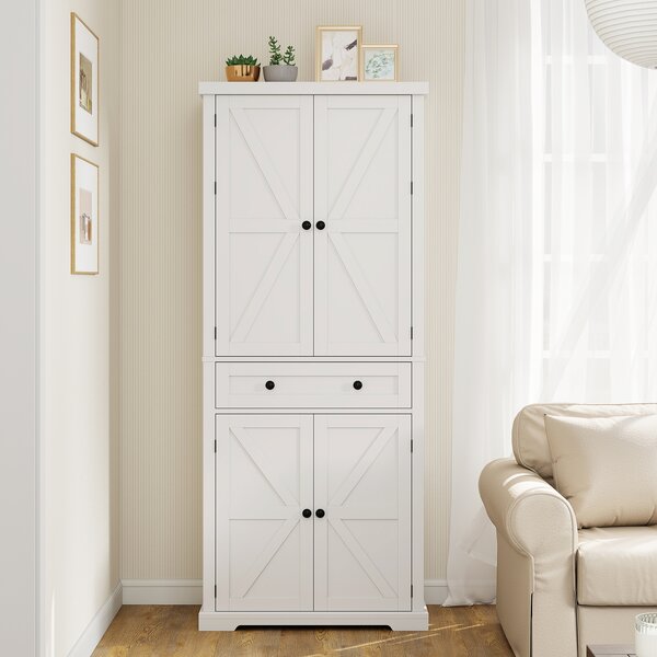 Costway Armadio dispensa da cucina ripiani regolabili grande cassetto vassoi scorrevoli moderno alto, Mobile portaoggetti per cucina sala da pranzo soggiorno Bianco