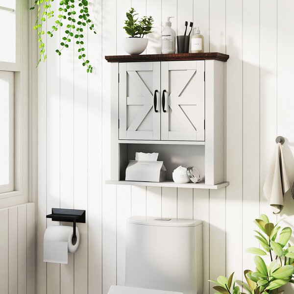 Costway Armadietto medicinali ante bagno muro rustico ripiano regolabile, Armadietto scomparto aperto organizzatore parete soggiorno cucina ingresso Bianco