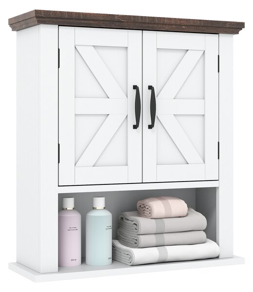 Costway Armadietto medicinali ante bagno muro rustico ripiano regolabile, Armadietto scomparto aperto organizzatore parete soggiorno cucina ingresso Bianco