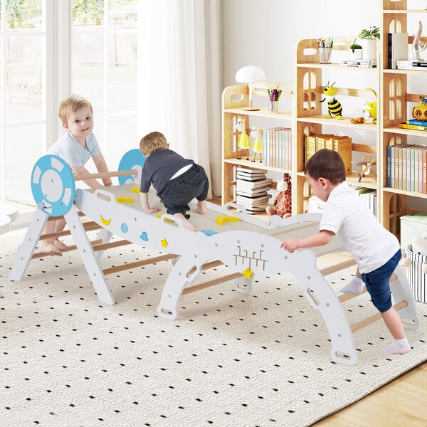 Costway Set triangolare 8 in 1 legno montessori nautico arrampicata scivolo, Set scala arco labirinto palestra interna pieghevole bambini Bianco