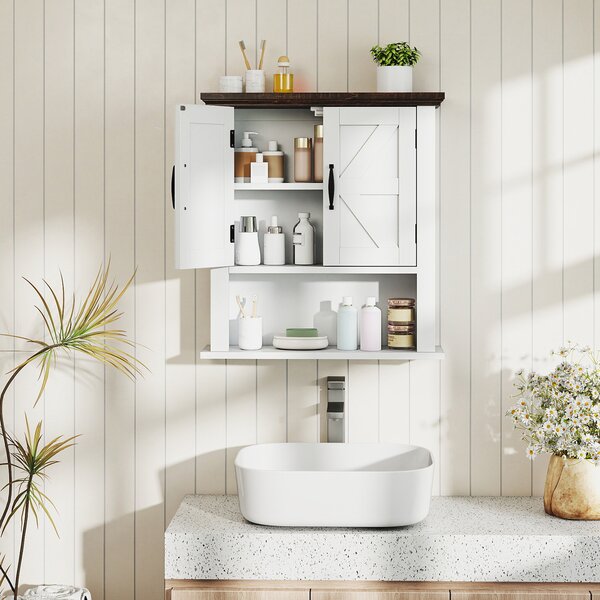 Costway Armadietto medicinali ante bagno muro rustico ripiano regolabile, Armadietto scomparto aperto organizzatore parete soggiorno cucina ingresso Bianco