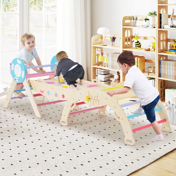 Costway Set triangolare 8 in 1 legno montessori nautico arrampicata scivolo, Set scala arco labirinto palestra interna pieghevole bambini Colorato