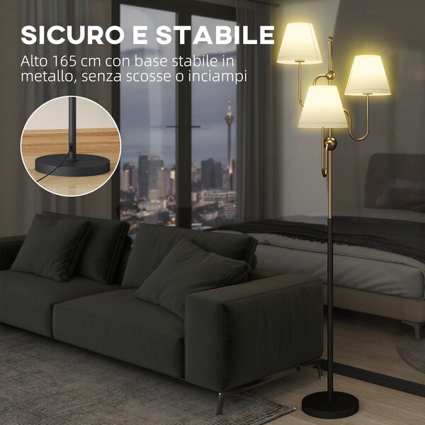 HOMCOM Lampada da Terra Alta 165 cm con 3 Punti Luce e Interruttore a Pedale, Attacco E27 Max 40W, Oro | Aosom Italy